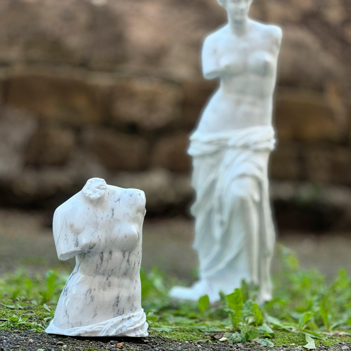 Vista frontale  del busto della Venere di Milo in marmo di Carrara in un giardino affianco alla statua della Venere di Milo.