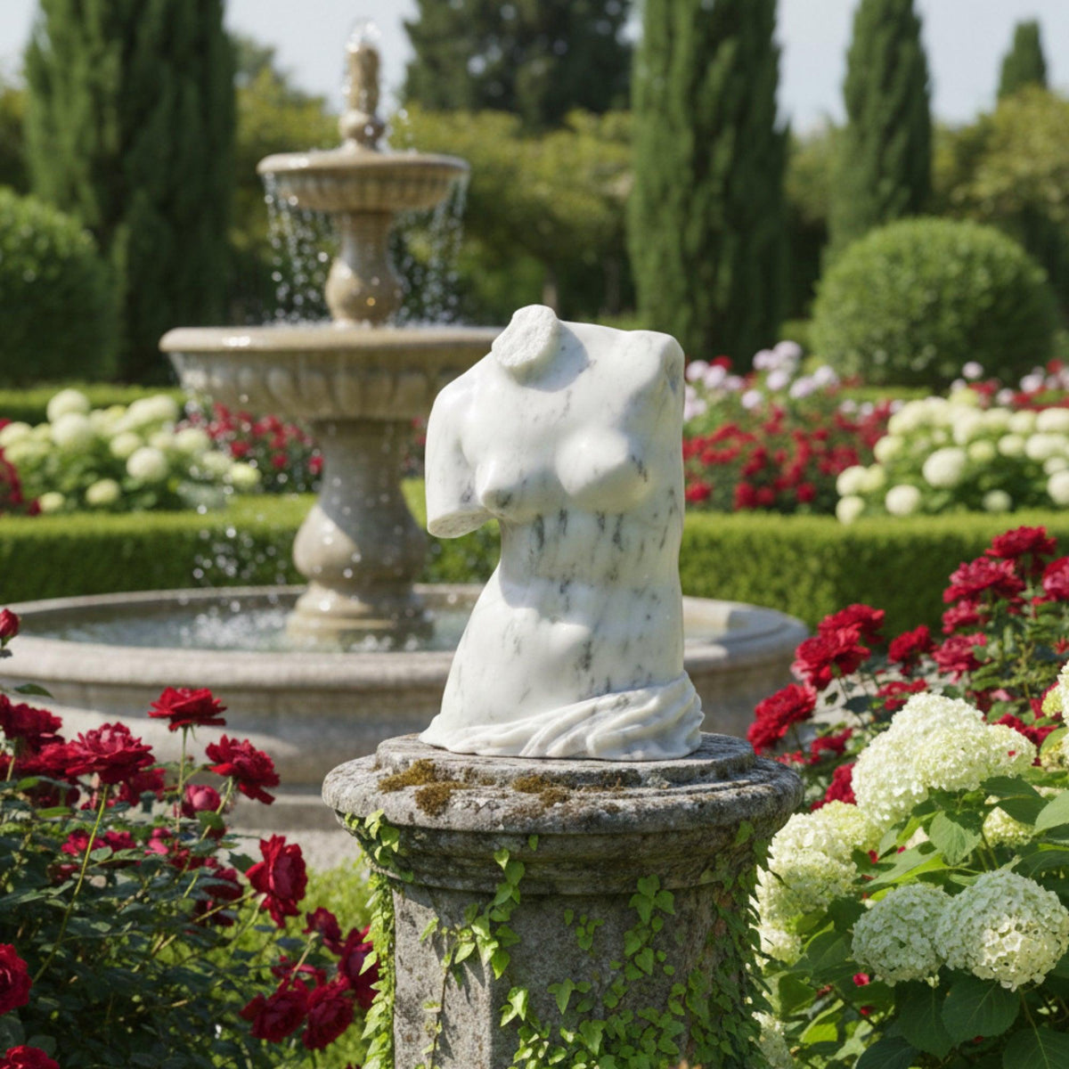Vista frontale del busto della Venere di Milo in marmo di Carrara in un giardino.