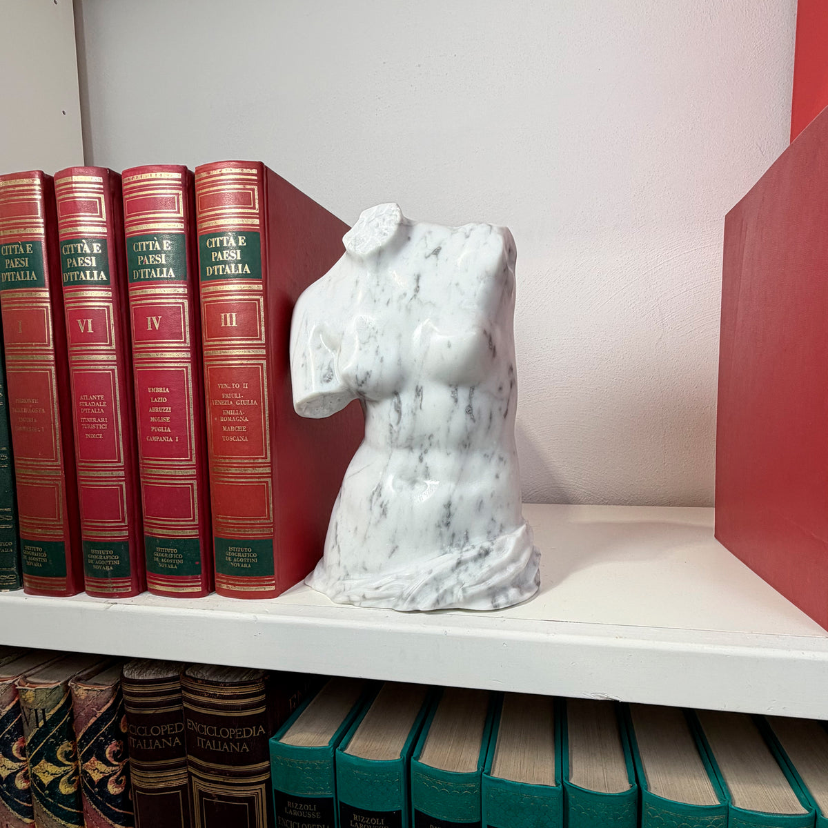 Vista frontale del busto della Venere di Milo in marmo di Carrara in una libreria.