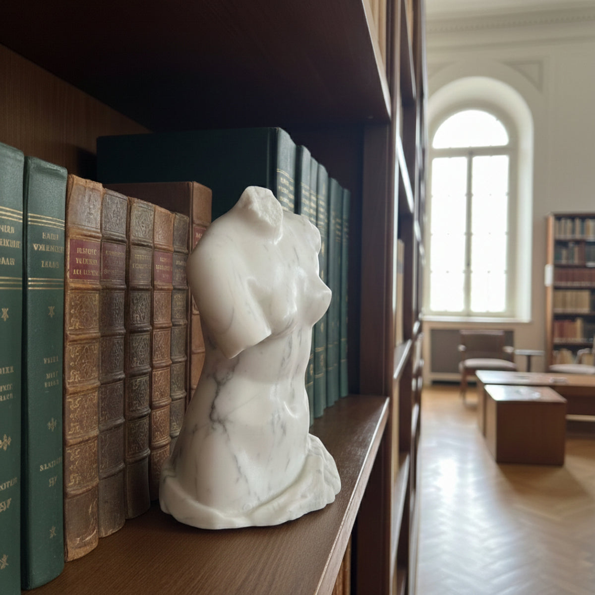 Vista laterale del busto della Venere di Milo in marmo di Carrara in una libreria.