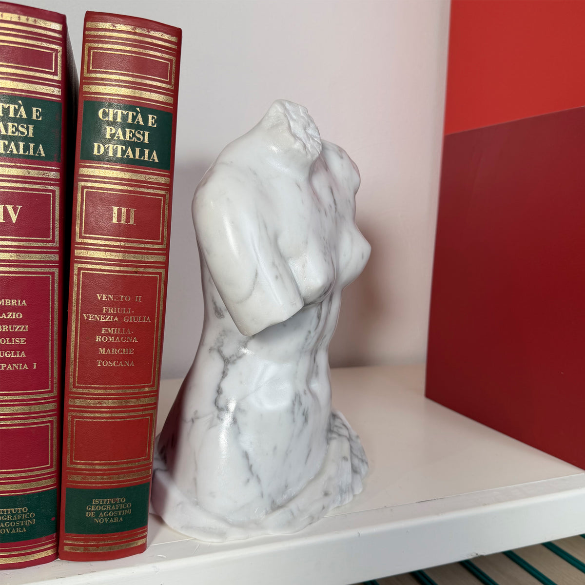 Vista laterale del busto della Venere di Milo in marmo di Carrara in una libreria.
