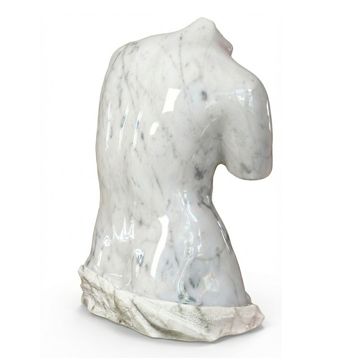 Vista posteriore del busto della Venere di Milo in marmo di Carrara su fondo bianco.