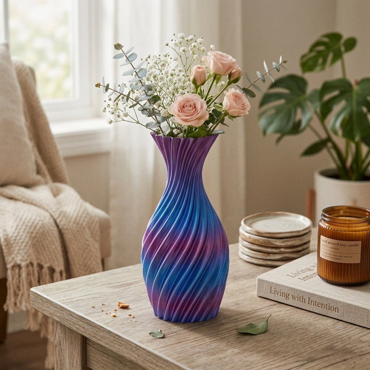 Vaso blu/viola con fiori su tavolino in salotto