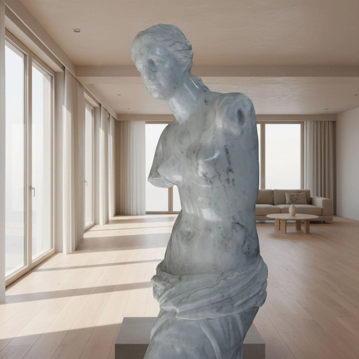 Venere di Milo in marmo di Carrara, dettaglio del torso in un interno con grandi vetrate.