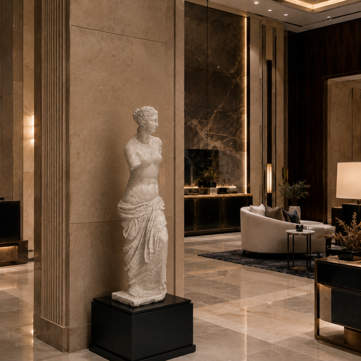 Venere di Milo in marmo di Carrara, su piedistallo nero in una hall.