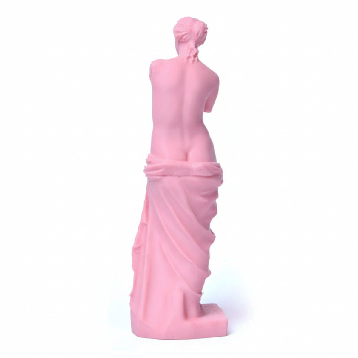 Venere di Milo in PLA rosa opaco, vista da dietro su fondo bianco.
