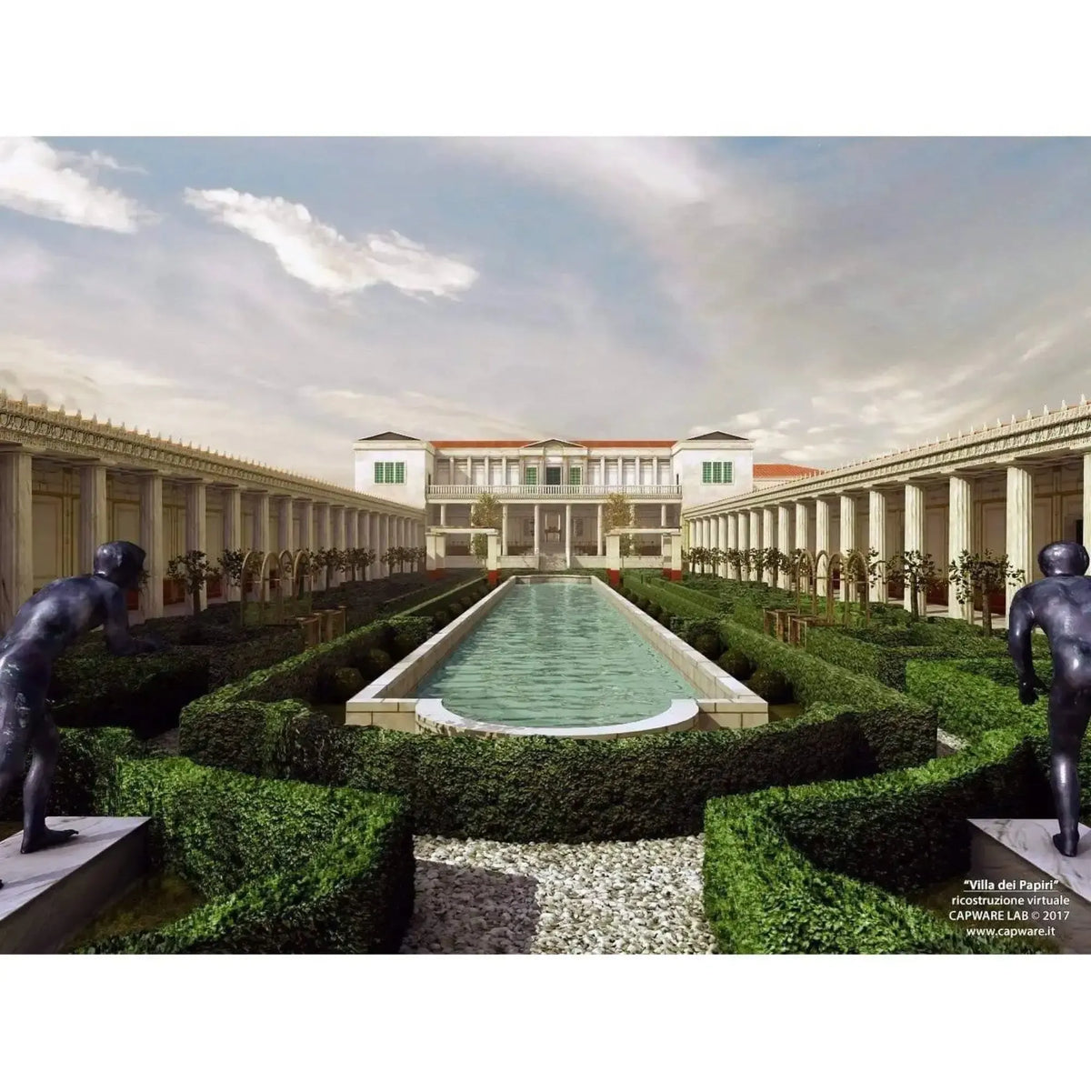 Ricostruzione della Villa dei Papiri di Ercolano con statue dei corridori in bronzo, giardino all’italiana, piscina centrale e architettura romana con colonnati.