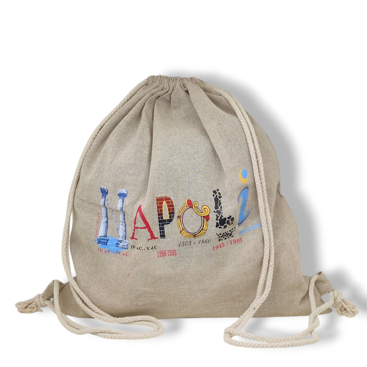 Zaino beige in cotone con cordoncini beige e scritta Napoli a lettere illustrate