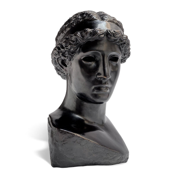 Riproduzione della testa in bronzo di Atena Lemnia in patina nera, vista frontale su fondo bianco.