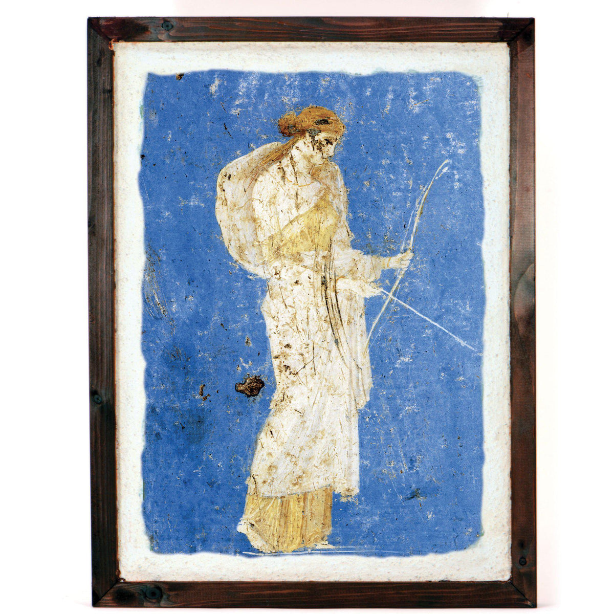 Riproduzione dell’affresco di Diana Cacciatrice con arco su fondo blu, in cornice di legno.