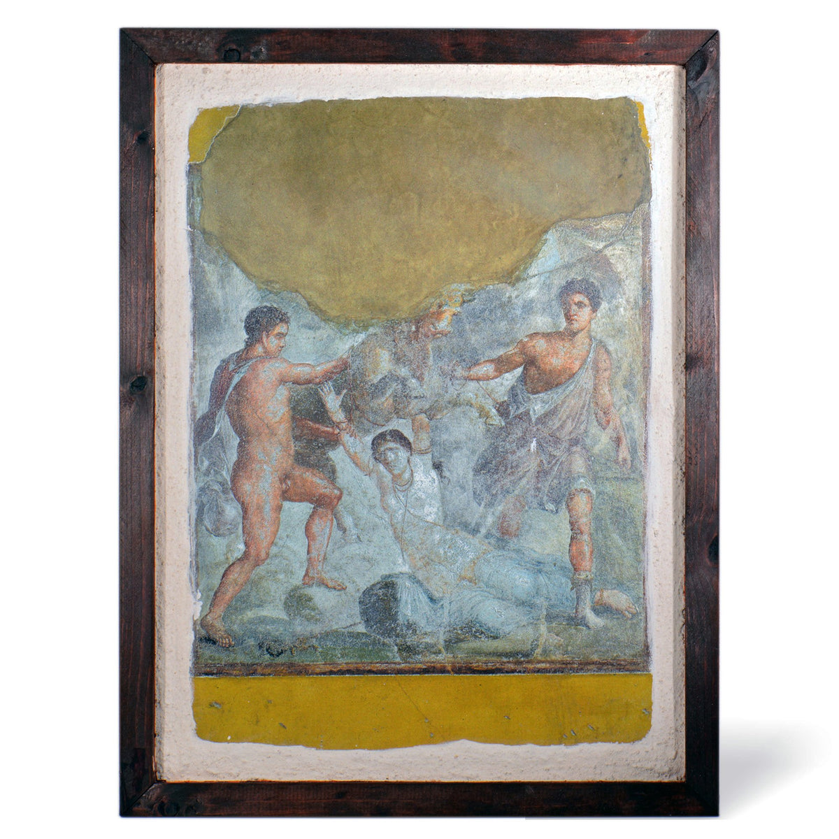 Riproduzione dell’affresco del castigo di Dirce della Casa dei Vettii di Pompei, in cornice di legno, vista frontale.