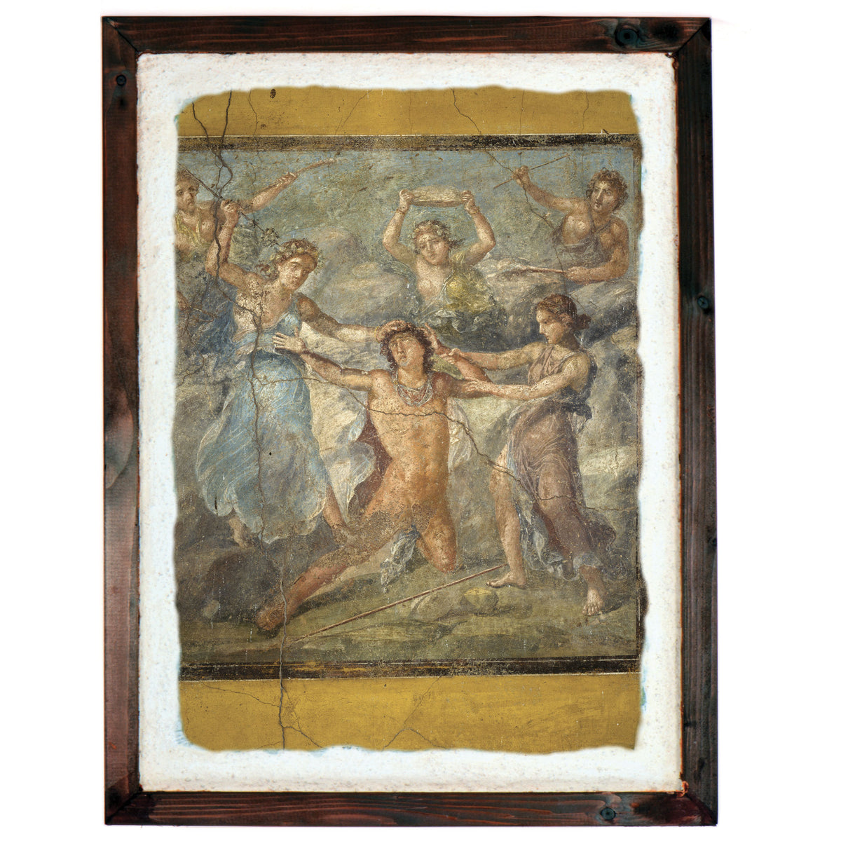 Riproduzione dell’affresco di Penteo circondato dalle Baccanti, dalla Casa dei Vettii di Pompei, in cornice di legno.