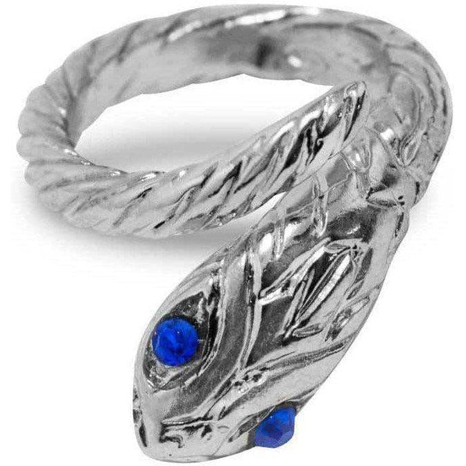 Anello a serpente in argento 925 con occhi blu, visto dall'alto su fondo bianco