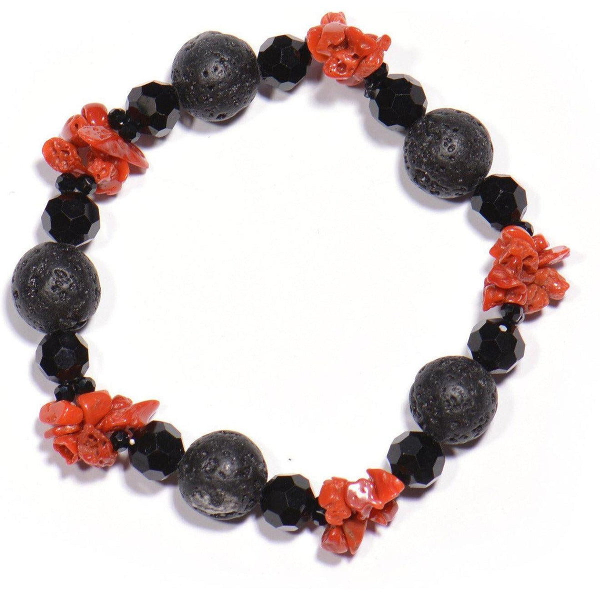 Bracelet with red coral, lava stone, and onyx