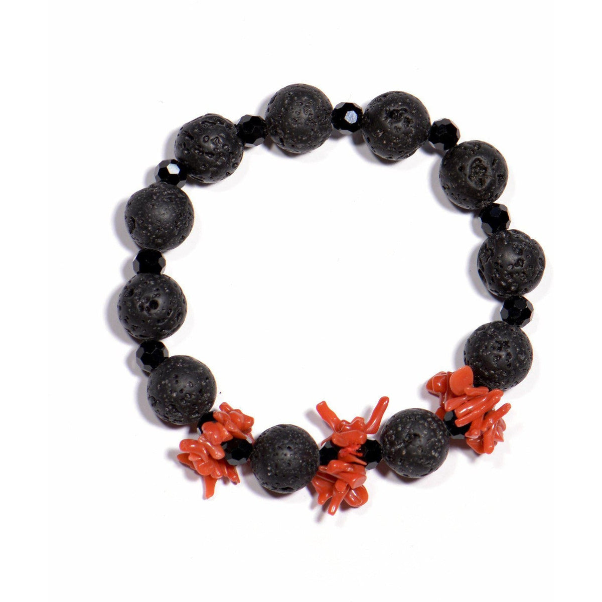 Bracelet with red coral, lava stone, and onyx