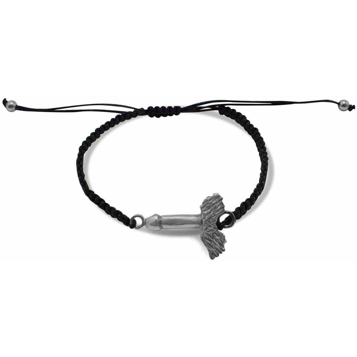 Bracciale regolabile in cotone nero con fallo alato in argento, su fondo bianco