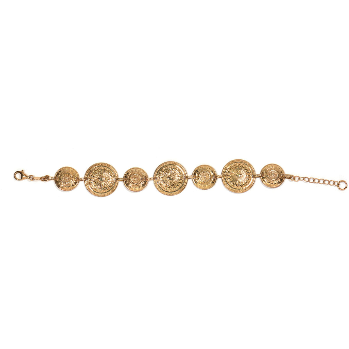 Bracciale modello Schiava in argento placcato oro, disteso con chiusura a moschettone e catenella di prolunga