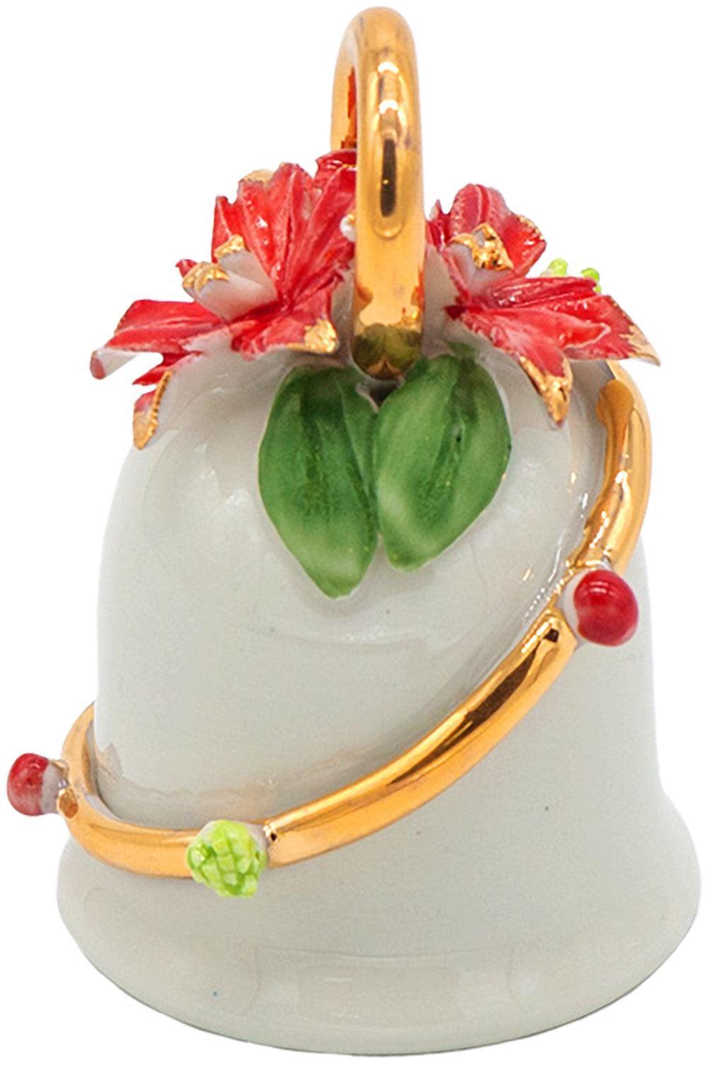 Campanella bianca in porcellana di Capodimonte con fiori rossi, foglie verdi e decorazioni dorate.