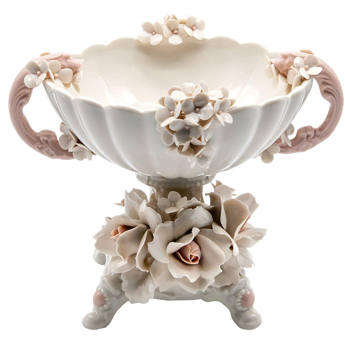 Centrotavola in porcellana di Capodimonte con fiori bianchi, manici rosa e rose alla base