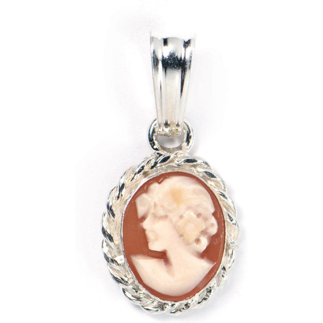 Ciondolo in argento con cammeo arancione e profilo femminile chiaro, vista frontale su fondo bianco