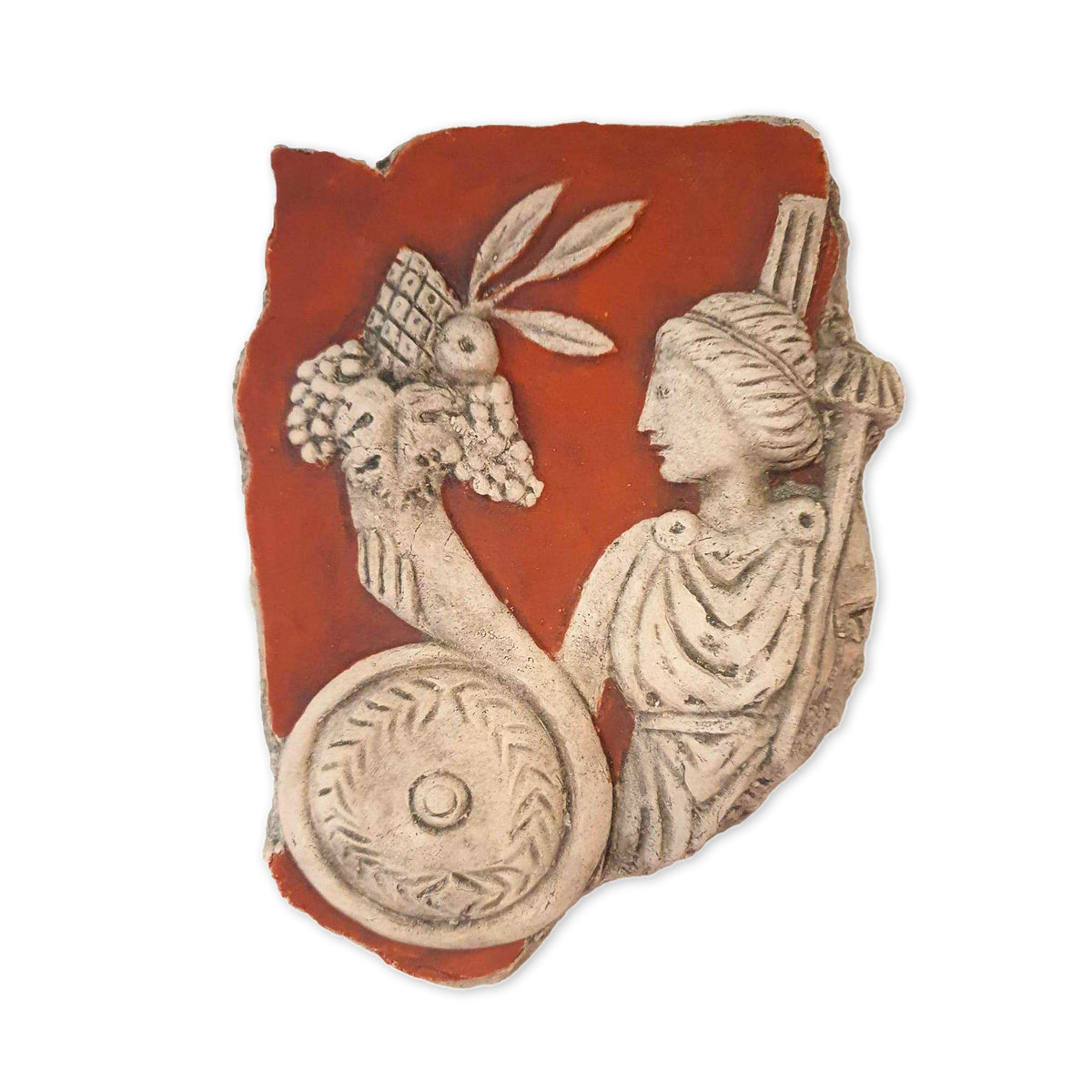 Frammento in terracotta con Fortuna e cornucopia in bassorilievo su fondo rosso