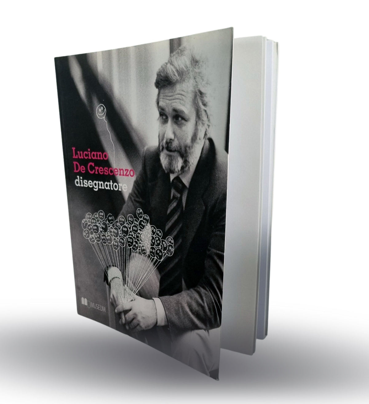 Libro Luciano De Crescenzo disegnatore visto di tre quarti, con copertina e pagine visibili