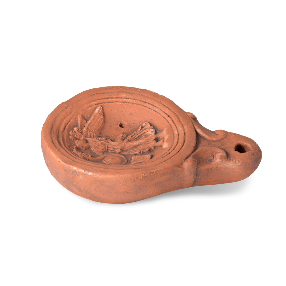 Lucerna Dea Fortuna in terracotta, vista obliqua con beccuccio e decorazione in rilievo
