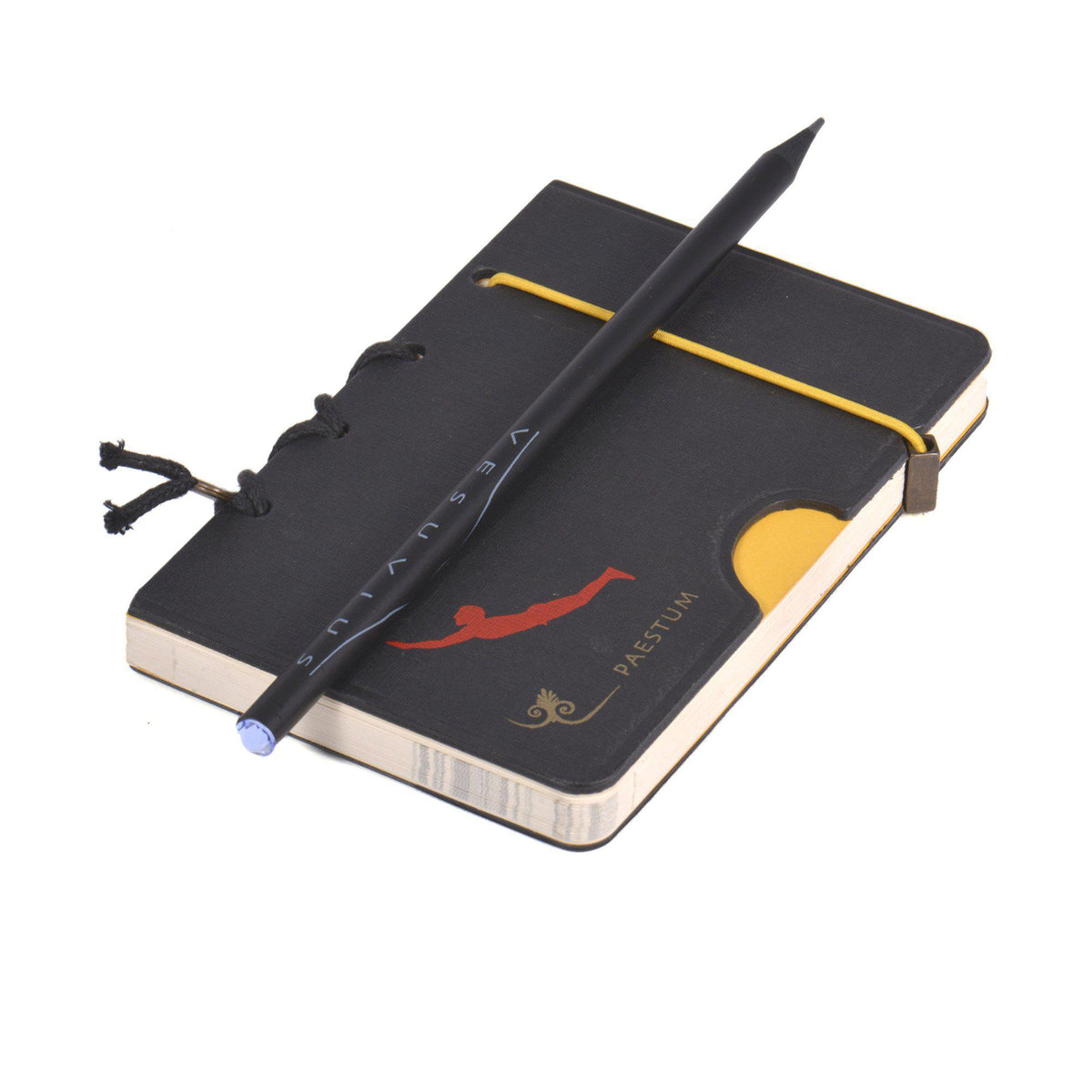 Black pencil “Vesuvius” with Swarovski next to the notebook with the Diver of Paestum – design inspired by classical and Pompeian art