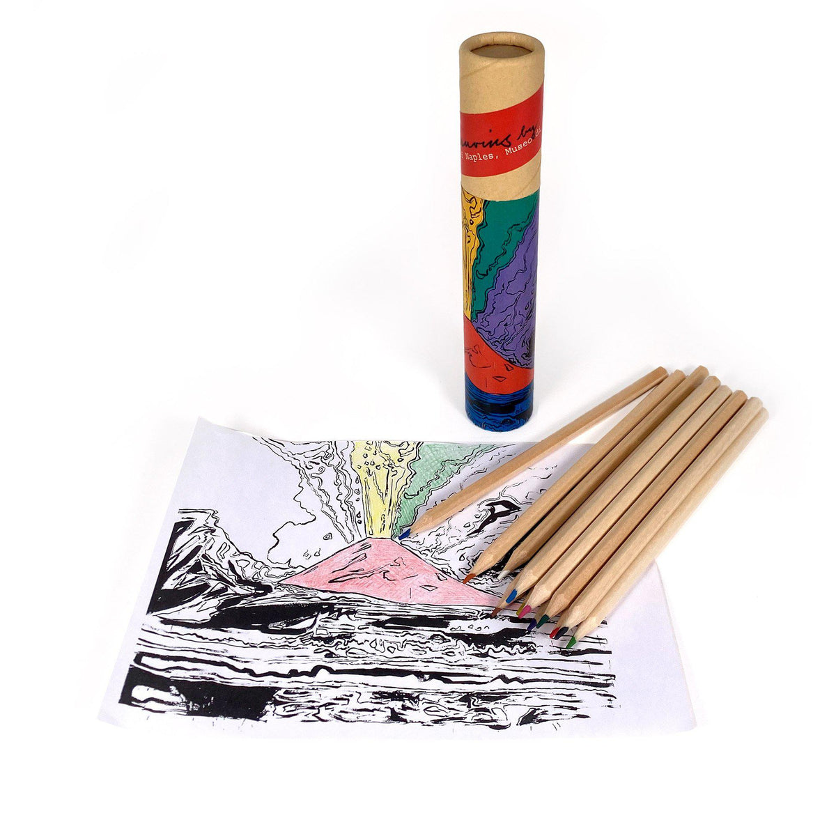 Scatola di matite colorate con grafica Pop Art del Vesuvio – ispirazione da Andy Warhol (1985)