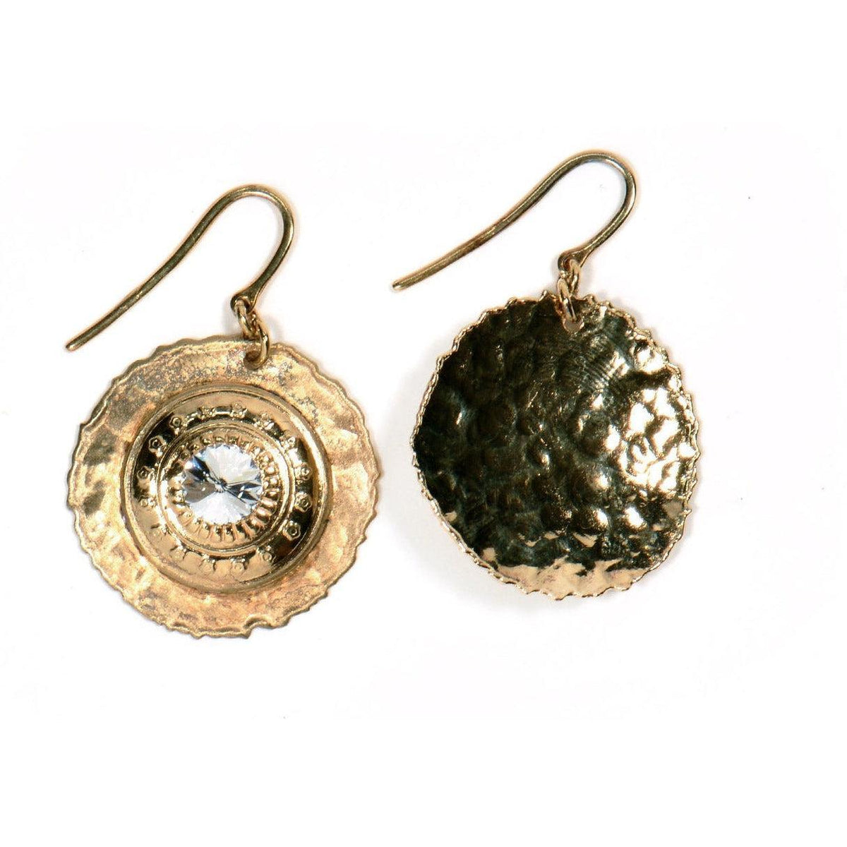 Orecchini rotondi in argento placcato oro con Swarovski centrale, visti frontalmente e dal retro