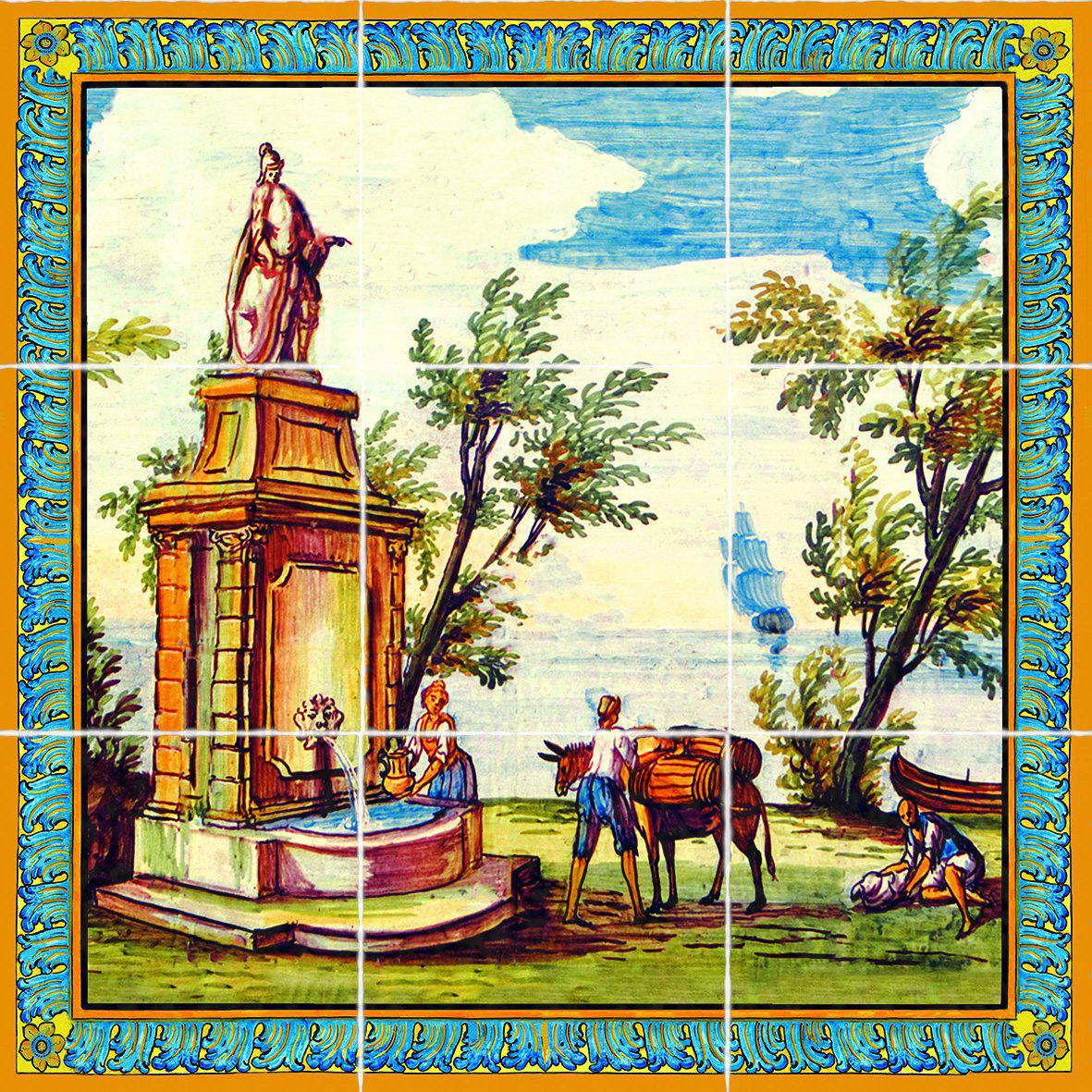 Pannello in cotto con fontana e figure sulla costa, decoro del Chiostro di Santa Chiara
