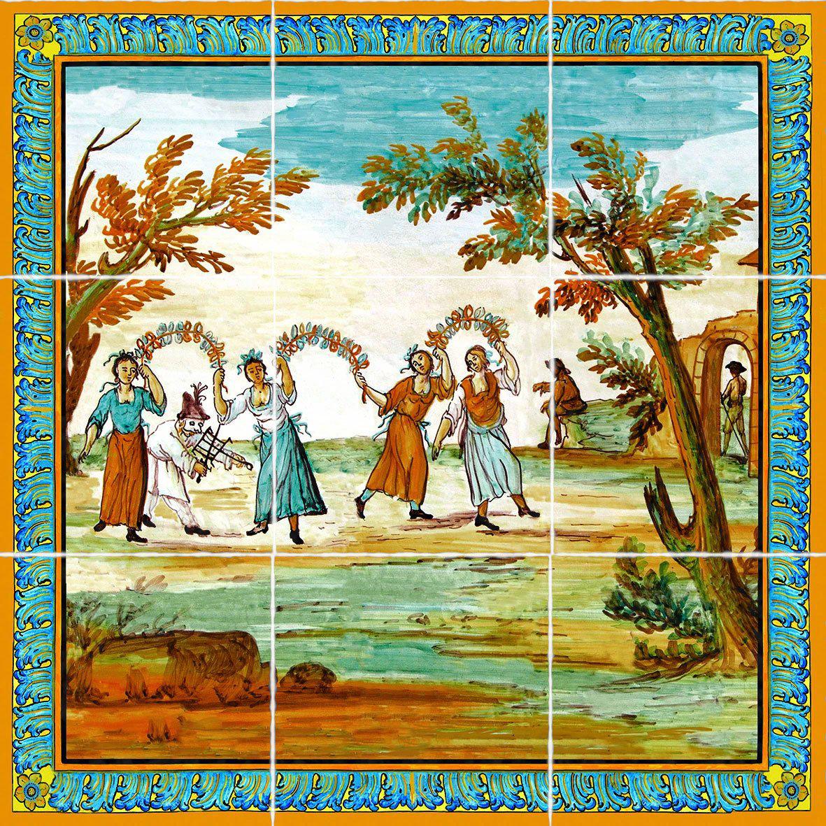Pannello in cotto con Pulcinella e danzatori, decoro del Chiostro di Santa Chiara