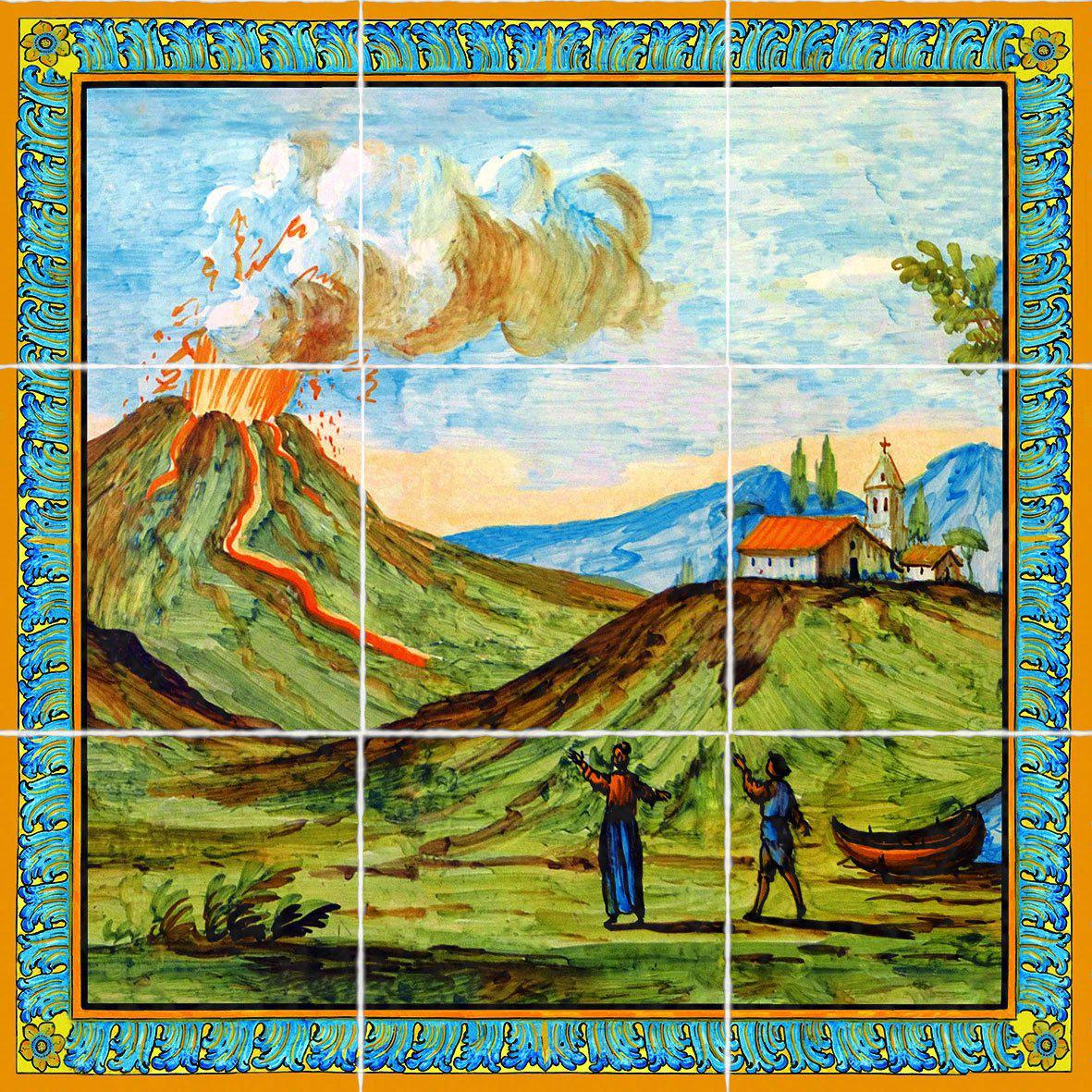 Pannello in cotto con il Vesuvio in eruzione, decoro del Chiostro di Santa Chiara
