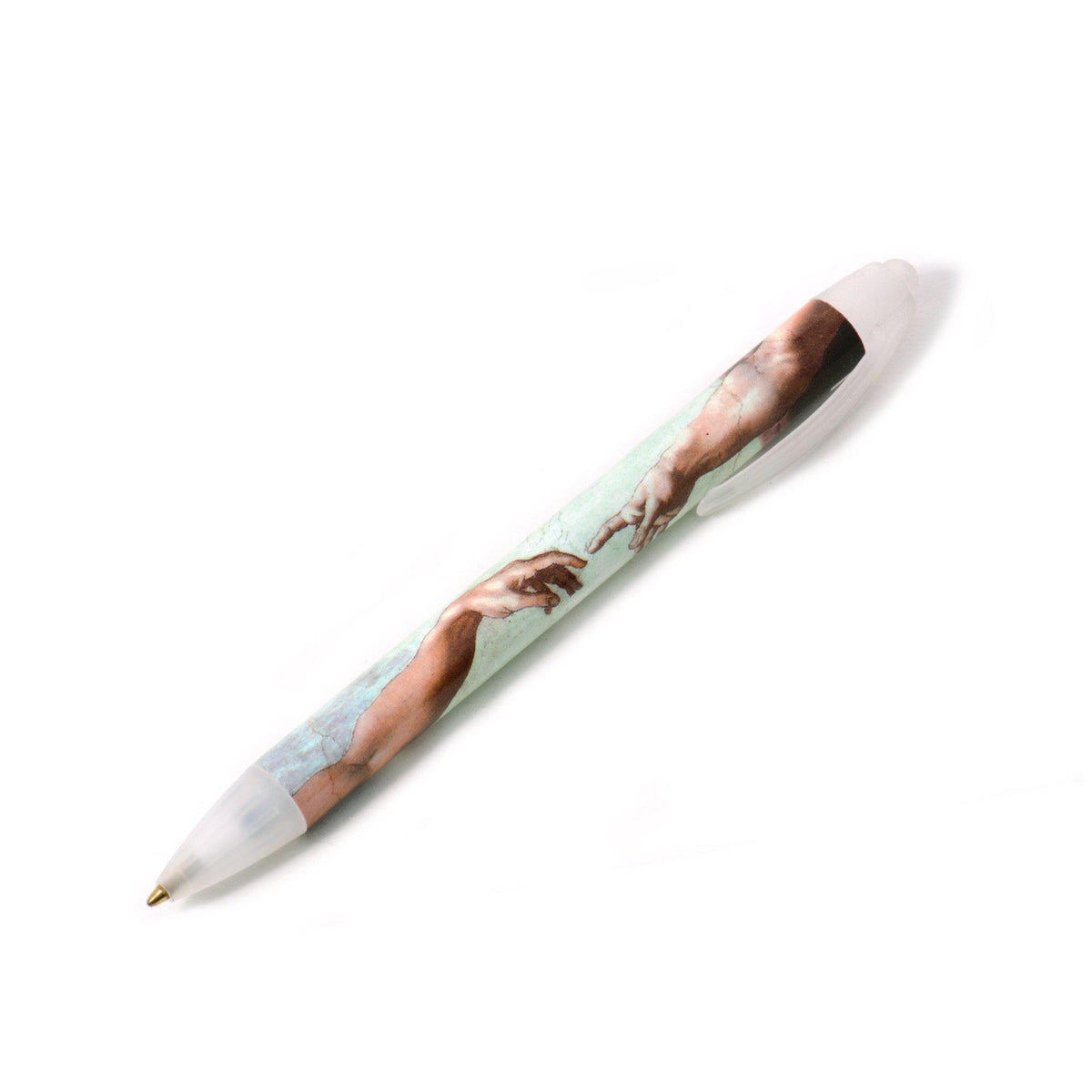 Penna a sfera con le mani della Creazione di Adamo di Michelangelo, su fondo bianco.