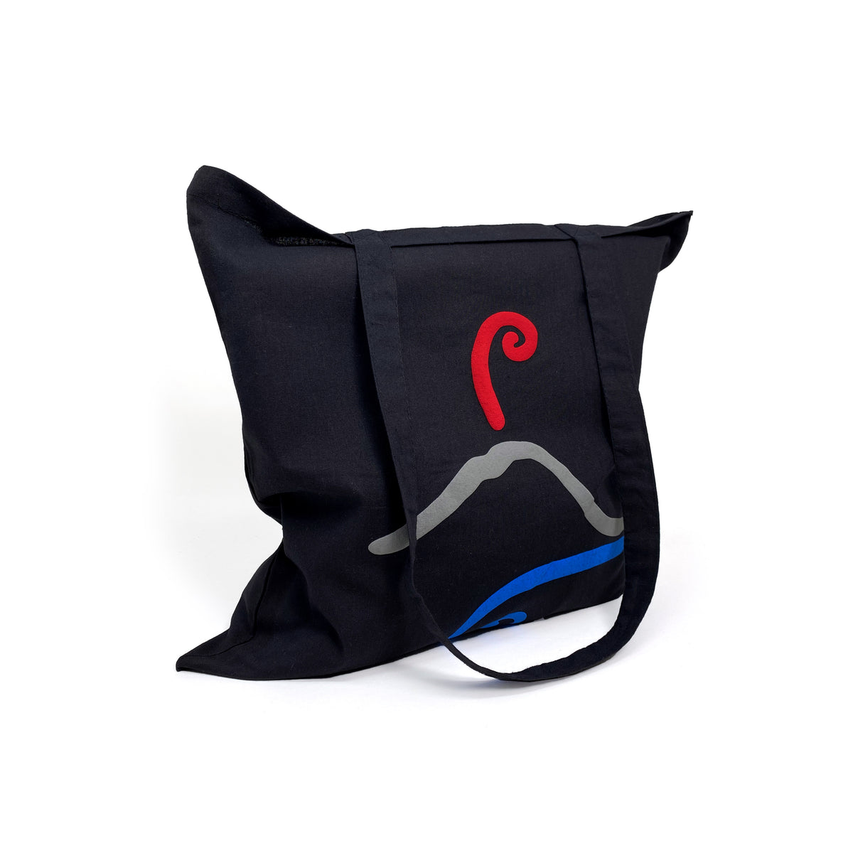 Shopper nera in cotone con Vesuvio grigio, pennacchio rosso e onda blu, vista di tre quarti