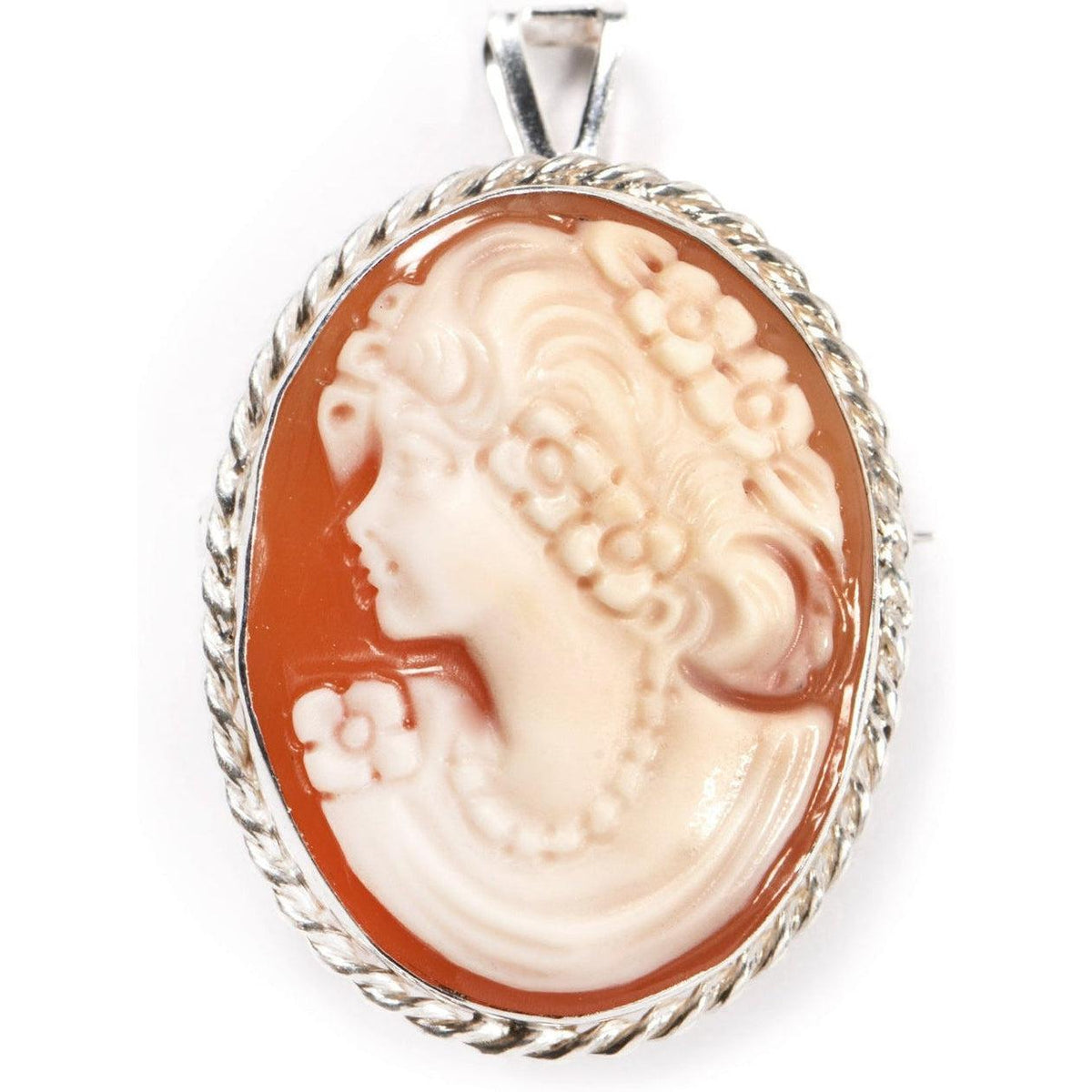 Spilla piccola in argento con cammeo arancione, profilo femminile chiaro e passante superiore, su fondo bianco