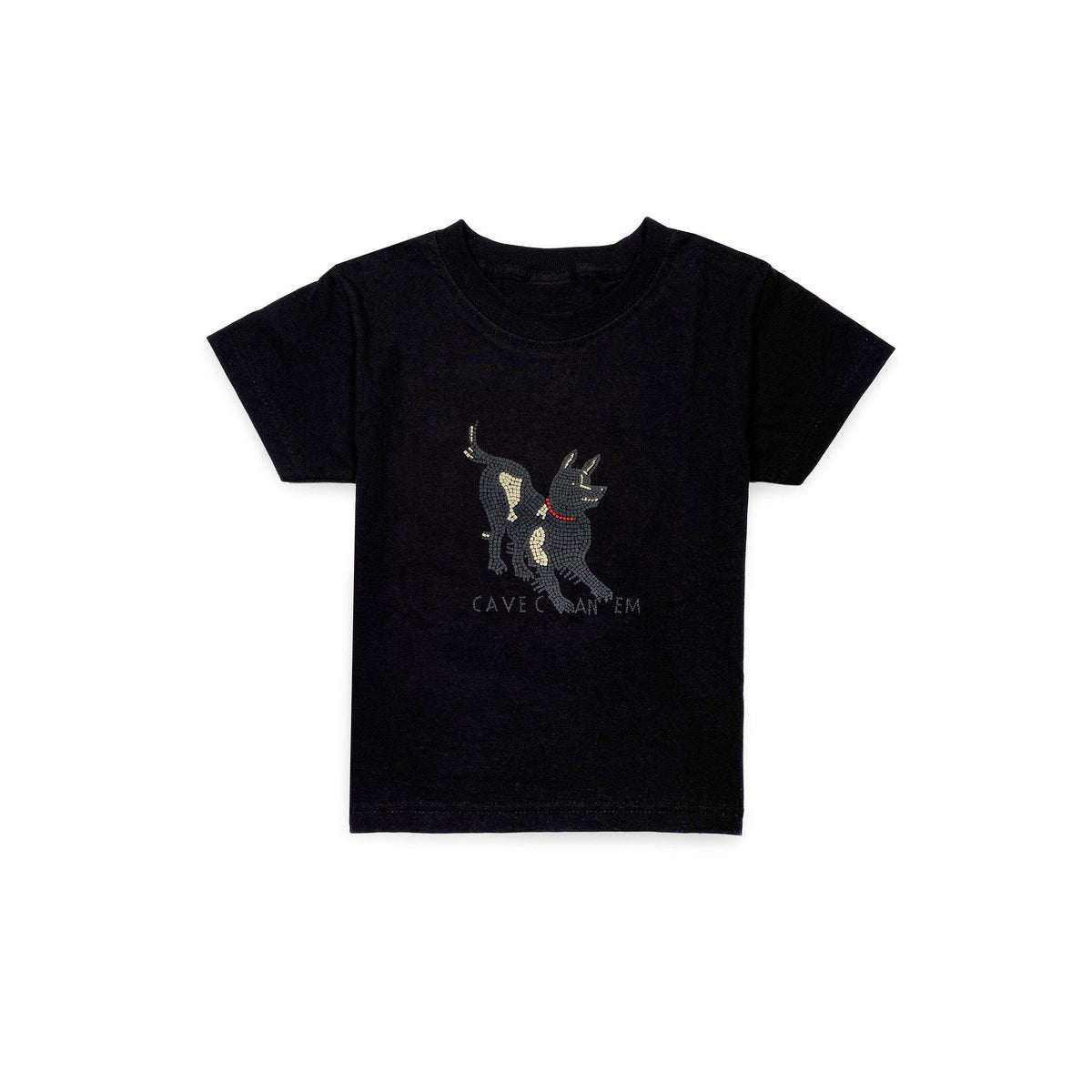 T-shirt bambini in cotone con stampa “Cave Canem” ispirata al mosaico di Pompei.