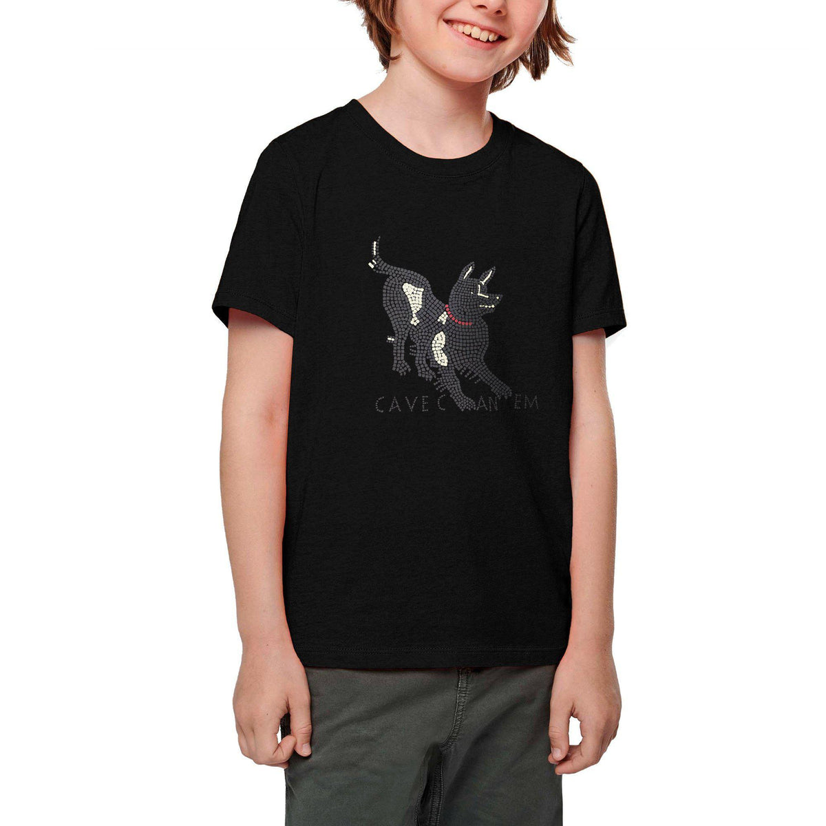 T-shirt bambini in cotone con stampa “Cave Canem” ispirata al mosaico di Pompei.