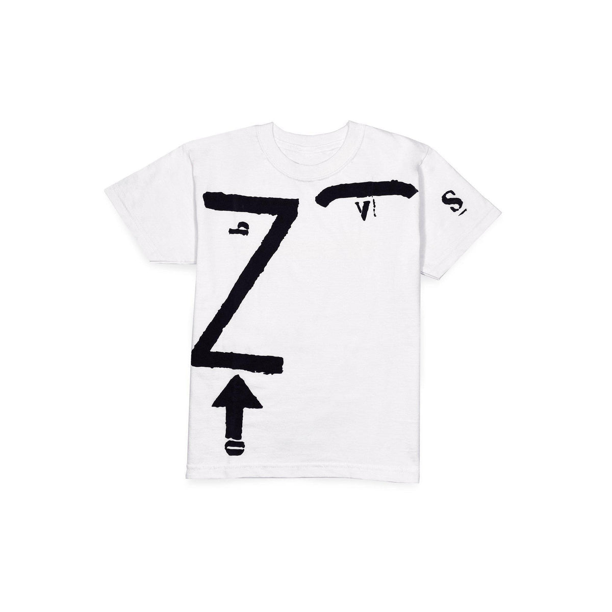 T-shirt bianca bambino ispirata a Kounellis, con lettere e freccia nere, vista frontale