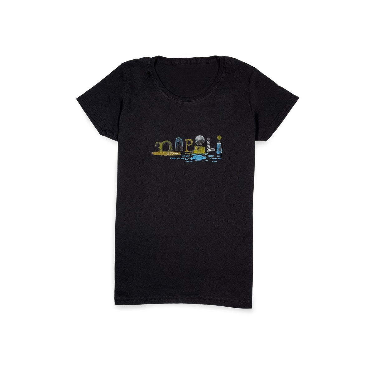 T-shirt femme en coton avec impression artistique de Naples, inspirée par l’art et la culture napolitaine.