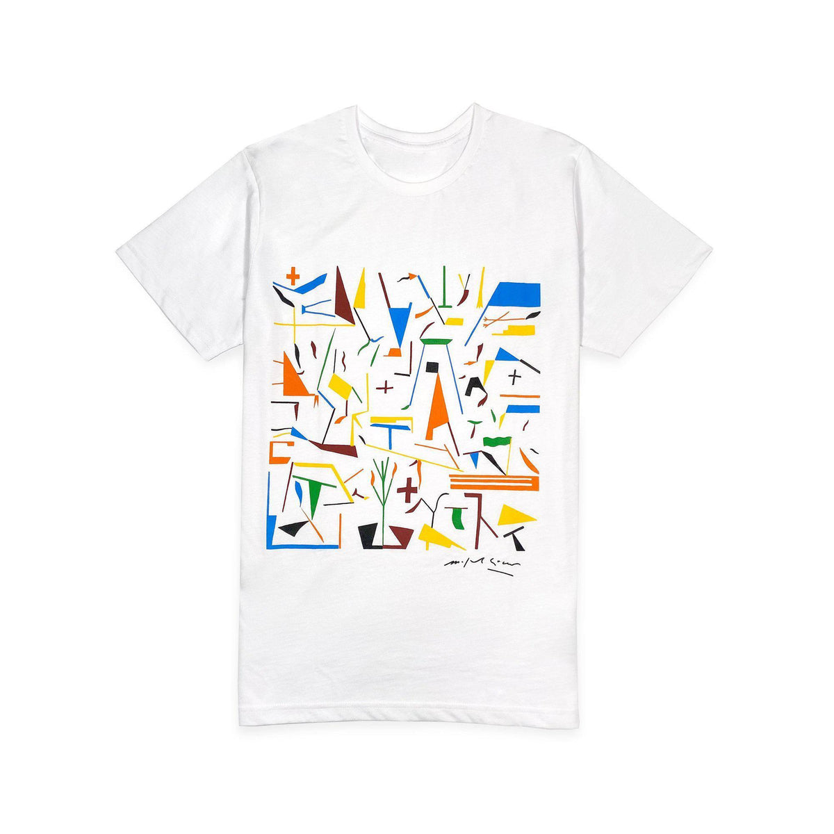 T-shirt bianca da uomo con stampa multicolore di Mimmo Paladino, vista frontale su fondo bianco.