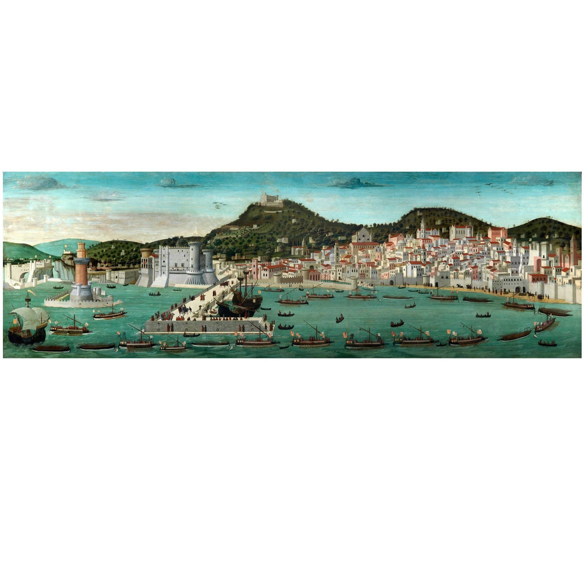 Tavola Strozzi su tela, veduta di Napoli e delle imbarcazioni nel porto