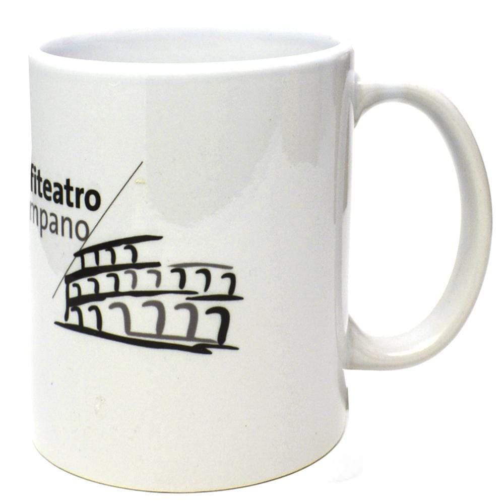 Tazza bianca in ceramica con disegno nero dell’Anfiteatro Campano